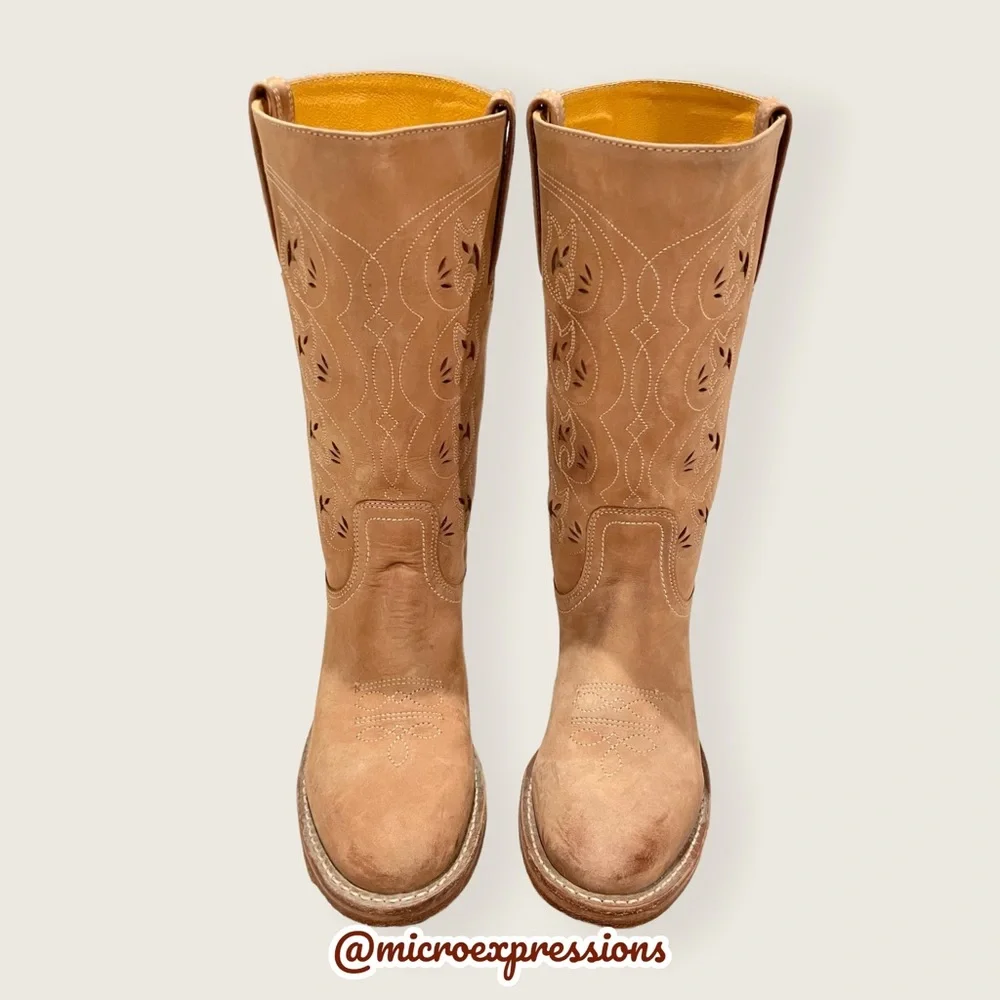 VINTAGE 1980 Frye Austin Tan Brown PullOn Leather Floral Embroidered Cowboy Boot